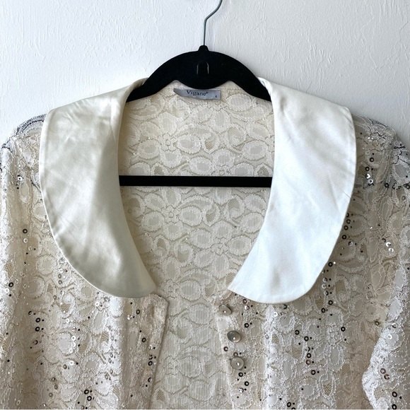 Vigane Vintage Floral Lace Sparkly Sequin Ivory Tunic Jacket Cardigan size L-XL - Picture 8 of 12
